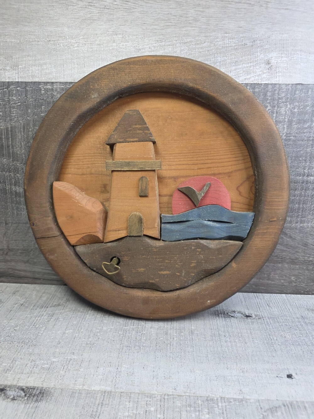 Hand Carved Painted Wooden Plaque Lighthouse Beach Nautical Decor Music Box g1